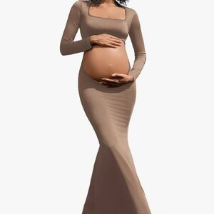 Elegant Tan Maxi Maternity Dress